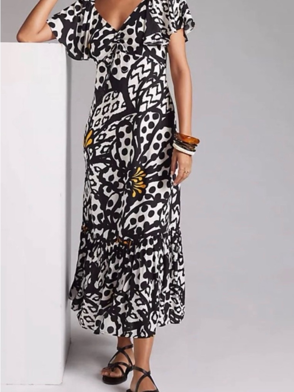 Farm Rio Black & White Floral-Spot Midi Dress with Yellow Accents M